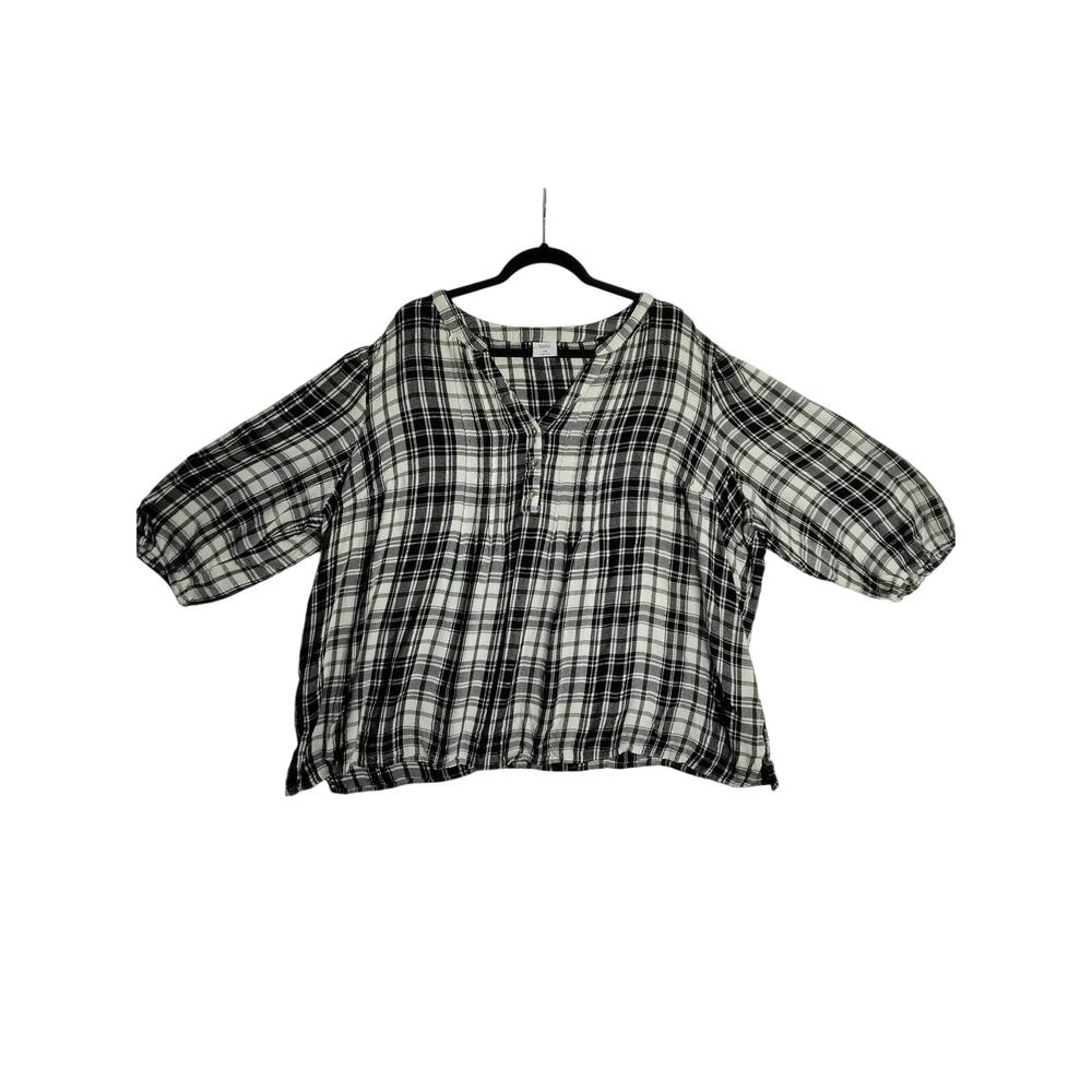 Croft & Barrow Womens Peasant Top Sz 3X Plaid Black White Boho Cottage Prairie